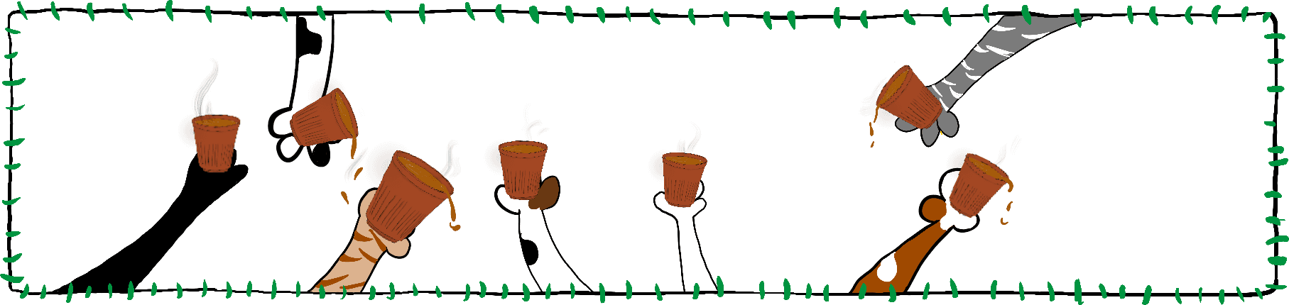 A row of hands raising cups of tea